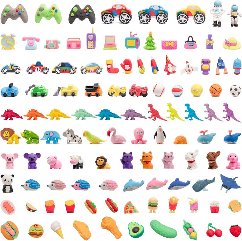 Clock King 110pcs 3D Cute Kids Erasers, Random Desktop Pet Toys Gifts, Classroom Rewards Kids Party Gifts, Various Styles Such as Animals, Food, Plants, Space, Princess, Sports, Halloween, Christmas - Image 1